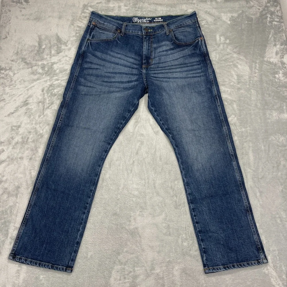 Wrangler Jeans Mens 36x30 Blue Denim Dark Wash Faded Retro Slim Straight Leg